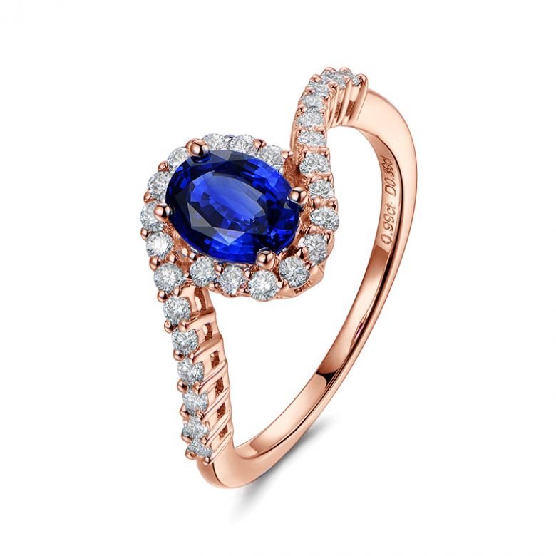 Solitario Composto Eye - Oro Rosa, Diamanti & Zaffiro Ovale - 1
