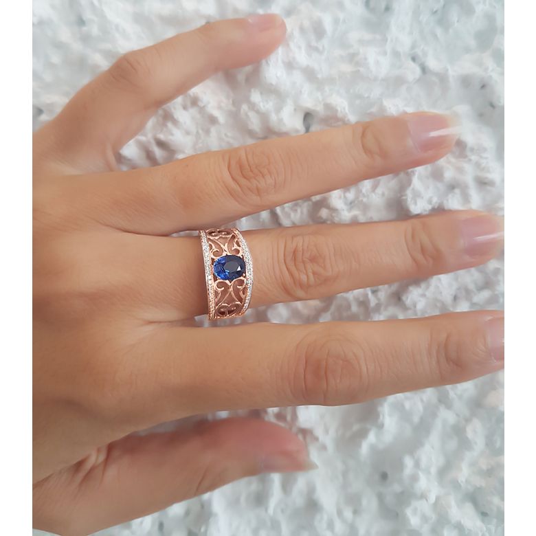 Solitario Composto Hiruni - Oro Rosa, Diamanti & Zaffiro Ovale - 5