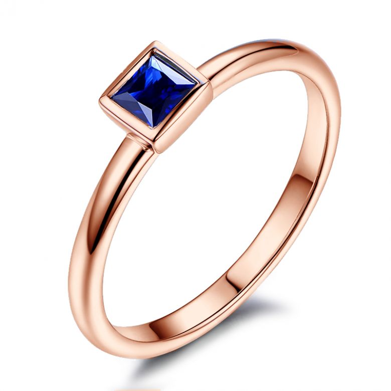 Anello Quadrato Blu - Oro Rosa & Zaffiro Princess Solitario - 1