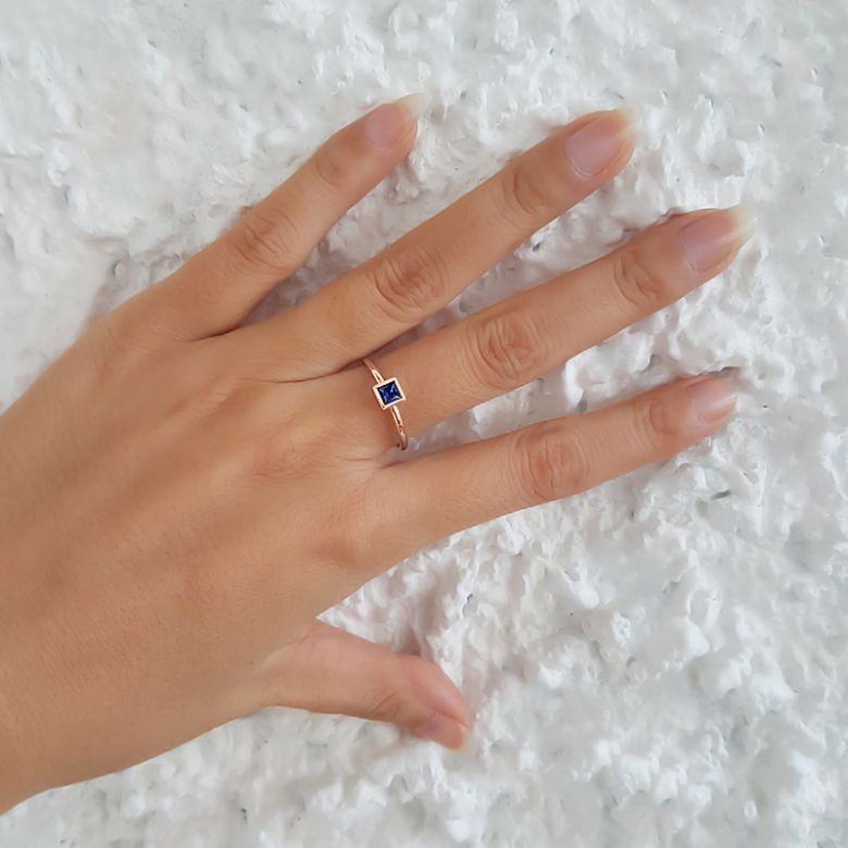 Anello Quadrato Blu - Oro Rosa & Zaffiro Princess Solitario - 2