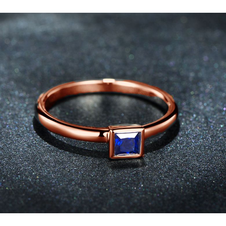Anello Quadrato Blu - Oro Rosa & Zaffiro Princess Solitario - 5