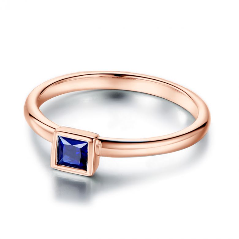 Anello Quadrato Blu - Oro Rosa & Zaffiro Princess Solitario - 9