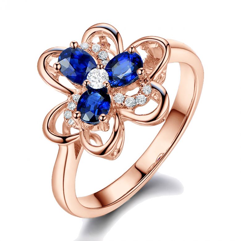 Anello da Donna Anemone - Oro Rosa, Diamanti & Zaffiri Ovali - 1
