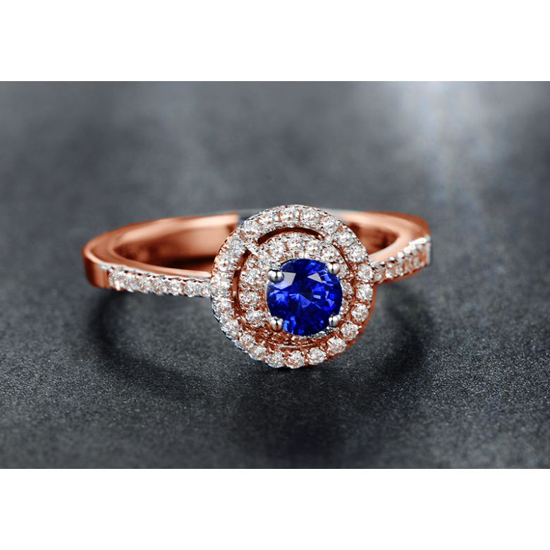 Anello Solitario Composto Mystic Blue - Oro Rosa, Diamanti & Zaffiro Blu - 4