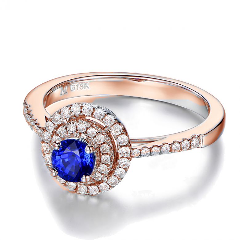Anello Solitario Composto Mystic Blue - Oro Rosa, Diamanti & Zaffiro Blu - 7