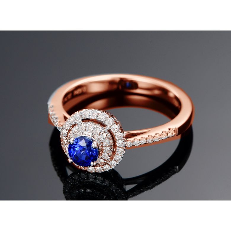 Anello Solitario Composto Mystic Blue - Oro Rosa, Diamanti & Zaffiro Blu - 9