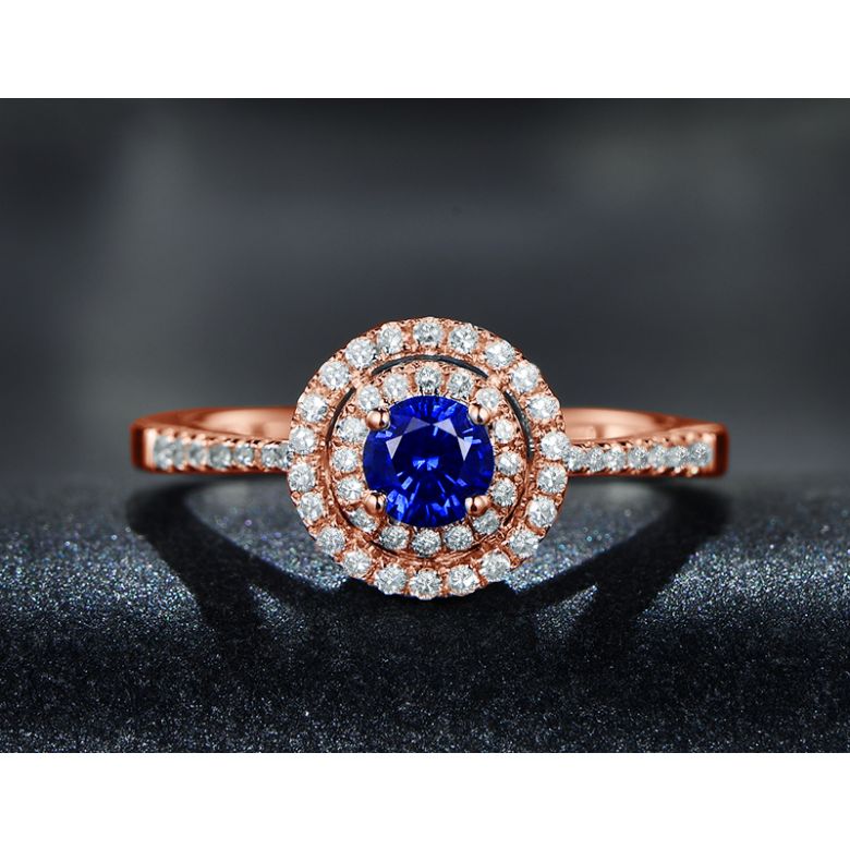 Anello Solitario Composto Mystic Blue - Oro Rosa, Diamanti & Zaffiro Blu - 10