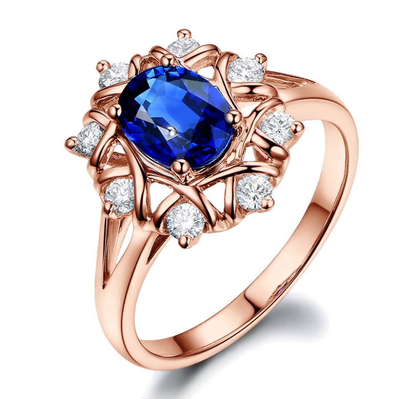 Solitario Composto Printaniere - Oro Rosa, Diamanti & Zaffiro Ovale - 1