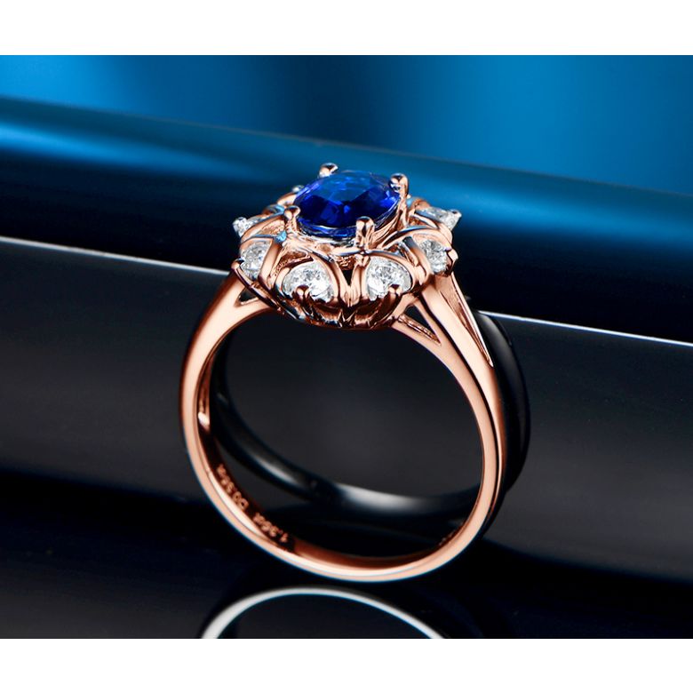 Solitario Composto Printaniere - Oro Rosa, Diamanti & Zaffiro Ovale - 8