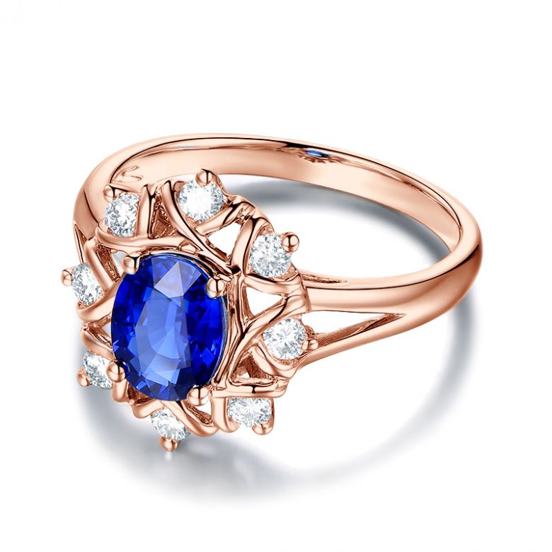 Solitario Composto Printaniere - Oro Rosa, Diamanti & Zaffiro Ovale - 10