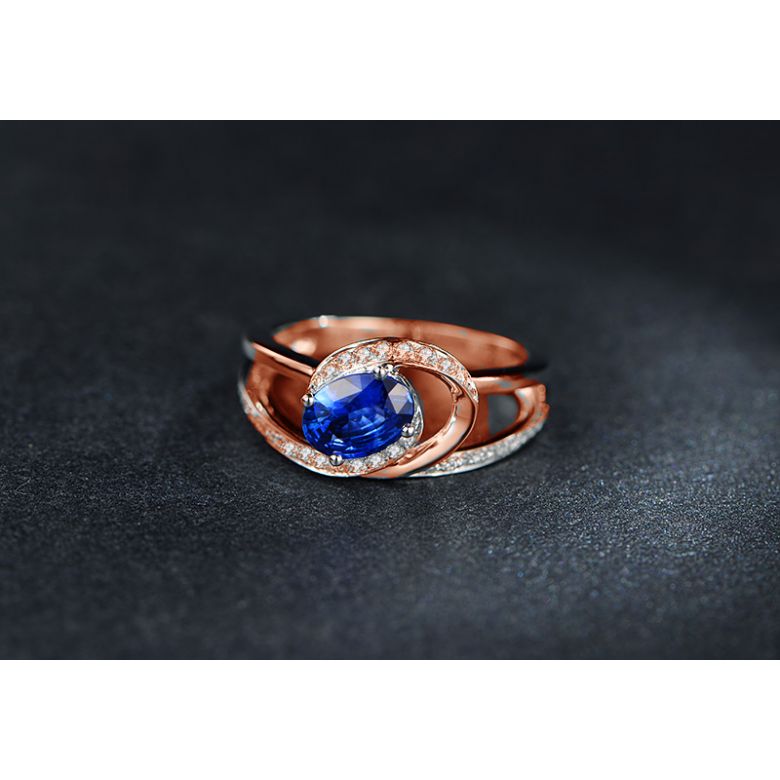 Solitario Composto Mérimée - Oro Rosa, Diamanti & Zaffiro Ovale - 9