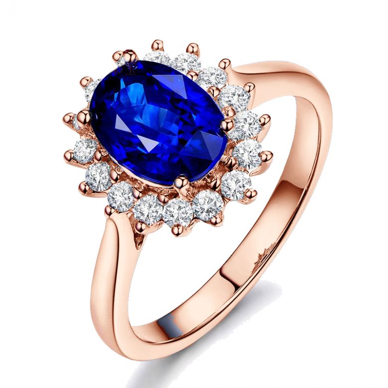 Solitario Composto Flora - Oro Rosa, Corona di Diamanti & Zaffiro Ovale - 1