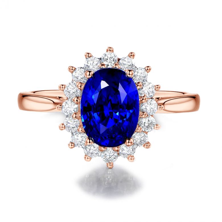 Solitario Composto Flora - Oro Rosa, Corona di Diamanti & Zaffiro Ovale - 9