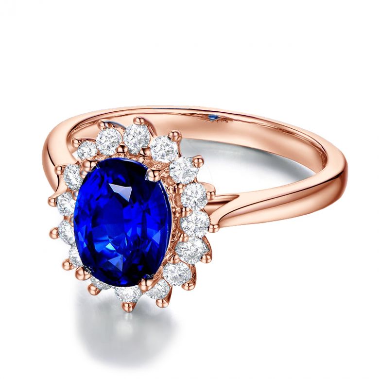 Solitario Composto Flora - Oro Rosa, Corona di Diamanti & Zaffiro Ovale - 12