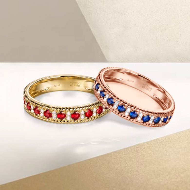 Anello Veretta Tempietto - Oro Rosa, Mezzo Giro di Zaffiri & Diamanti - 6