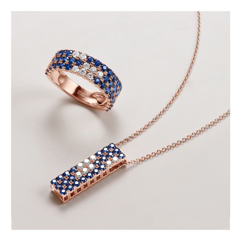 Anello Veretta Blue Lagoon - Oro Rosa, Mezzo Giro di Zaffiri & Diamanti - 3