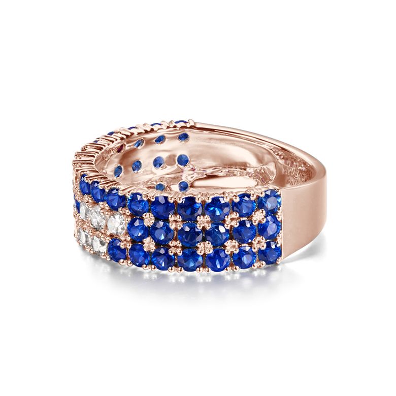 Anello Veretta Blue Lagoon - Oro Rosa, Mezzo Giro di Zaffiri & Diamanti - 4