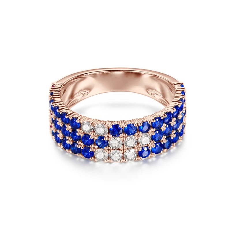 Anello Veretta Blue Lagoon - Oro Rosa, Mezzo Giro di Zaffiri & Diamanti - 6