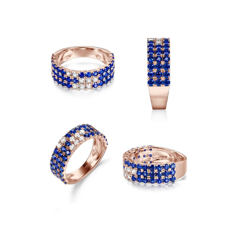 Anello Veretta Blue Lagoon - Oro Rosa, Mezzo Giro di Zaffiri & Diamanti - 8