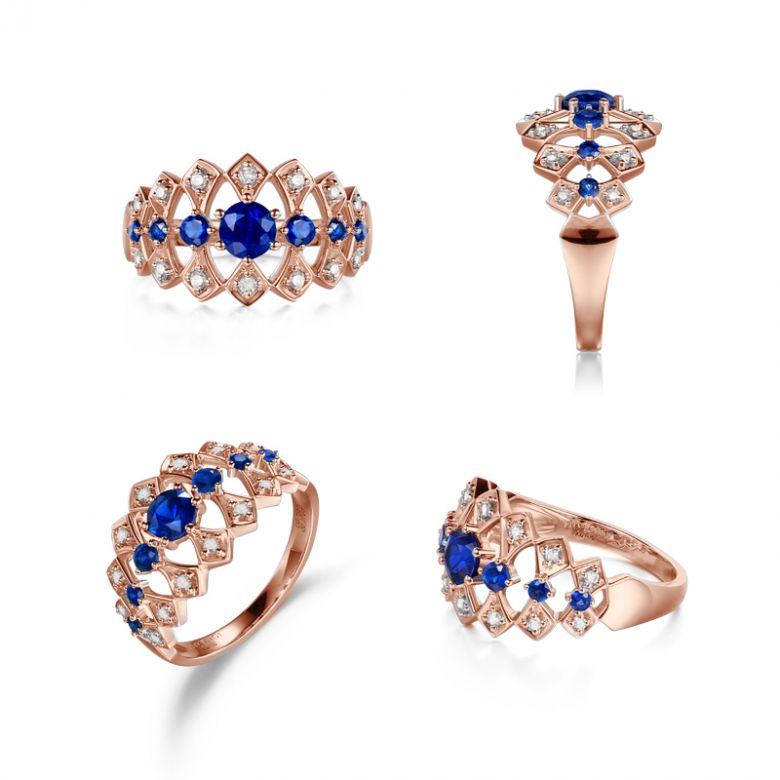 Anello Santa Maria Novella - Oro Rosa, Mezzo Giro di Zaffiri & Diamanti - 8