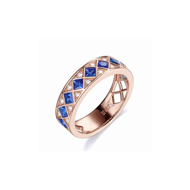 Anello Dama Di Quadri - Oro Rosa, Mezzo Giro di Zaffiri & Diamanti - 1