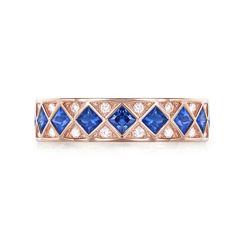 Anello Dama Di Quadri - Oro Rosa, Mezzo Giro di Zaffiri & Diamanti - 3