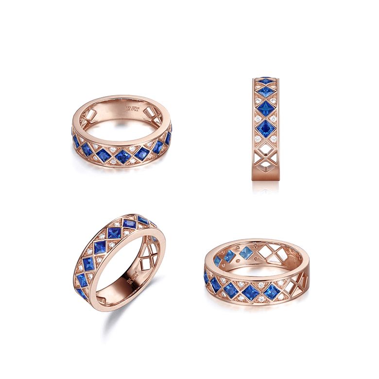 Anello Dama Di Quadri - Oro Rosa, Mezzo Giro di Zaffiri & Diamanti - 4