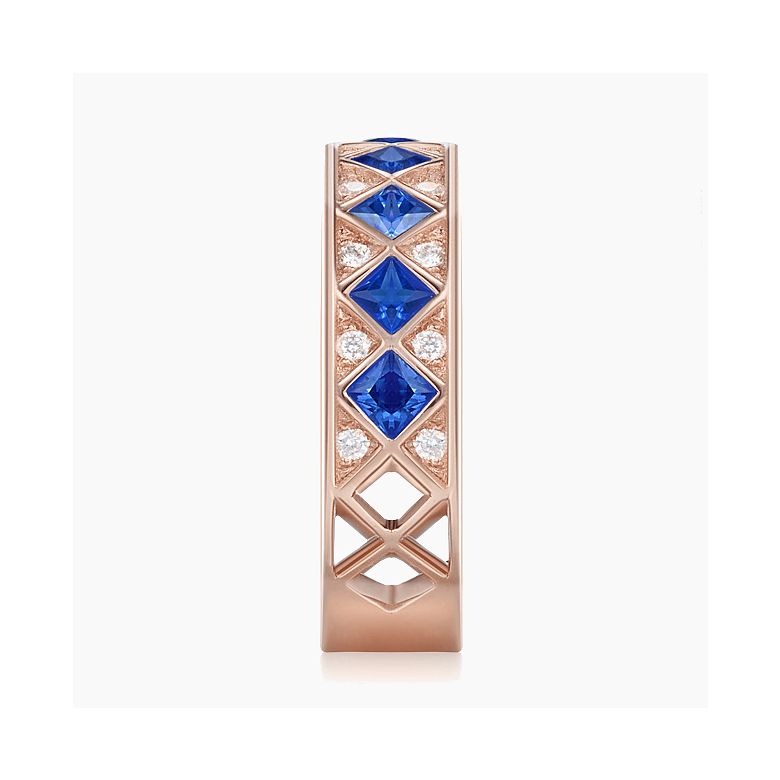 Anello Dama Di Quadri - Oro Rosa, Mezzo Giro di Zaffiri & Diamanti - 6