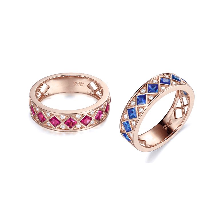 Anello Dama Di Quadri - Oro Rosa, Mezzo Giro di Zaffiri & Diamanti - 7