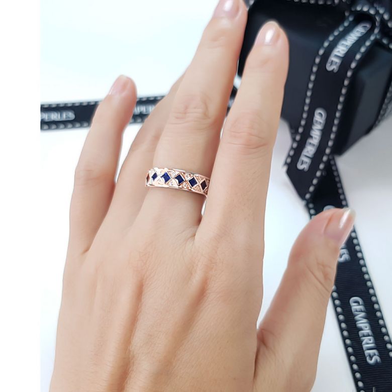 Anello Dama Di Quadri - Oro Rosa, Mezzo Giro di Zaffiri & Diamanti - 8