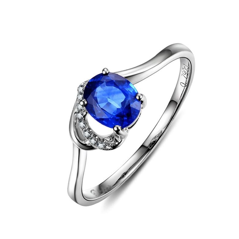 Anello di Fidanzamento Cenero - Oro Bianco, Diamanti & Zaffiro Blu Ovale - 1