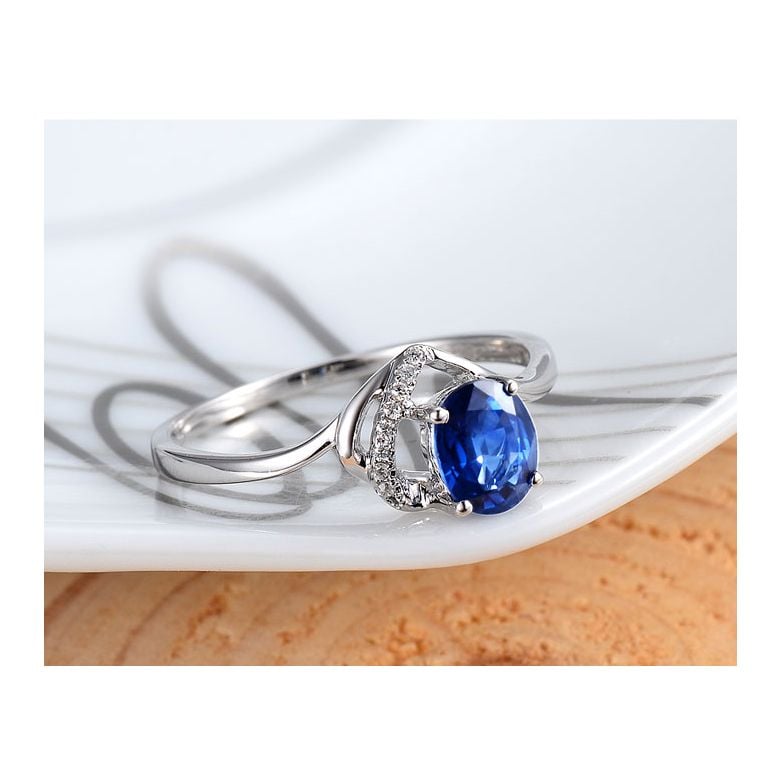 Anello di Fidanzamento Cenero - Oro Bianco, Diamanti & Zaffiro Blu Ovale - 5