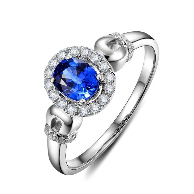 Anello di Fidanzamento Profondo - Oro Bianco, Diamanti & Zaffiro Blu Ovale - 1