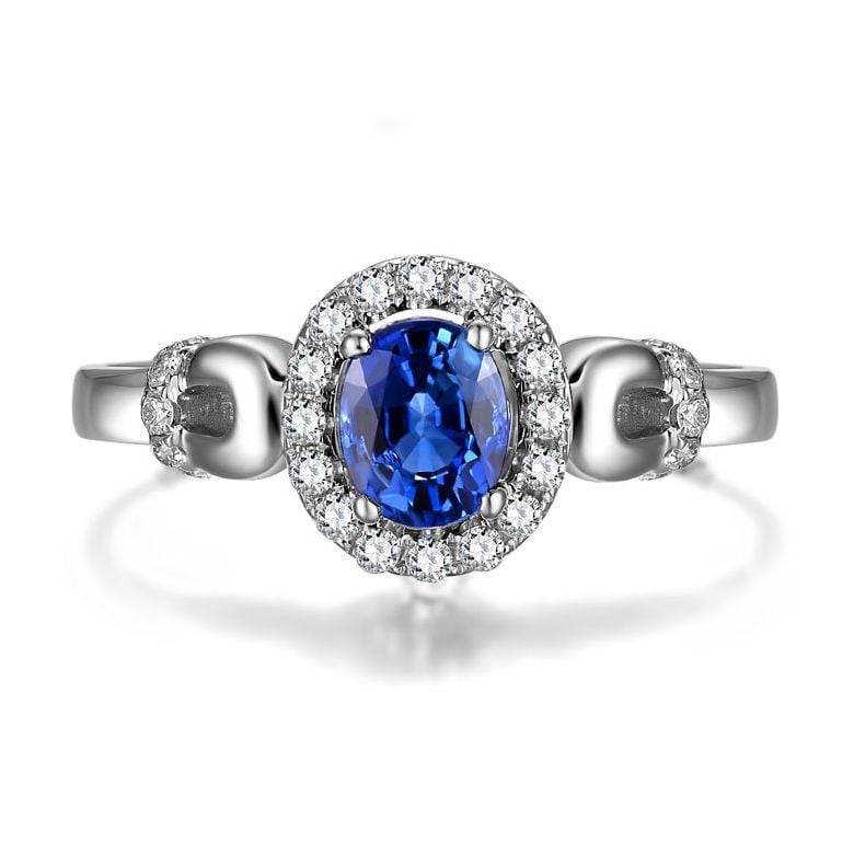 Anello di Fidanzamento Profondo - Oro Bianco, Diamanti & Zaffiro Blu Ovale - 3