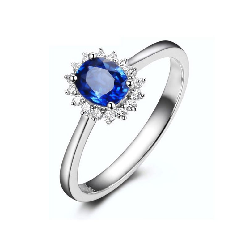 Solitario Composto Astro - Oro Bianco, Diamanti & Zaffiro Ovale - 1