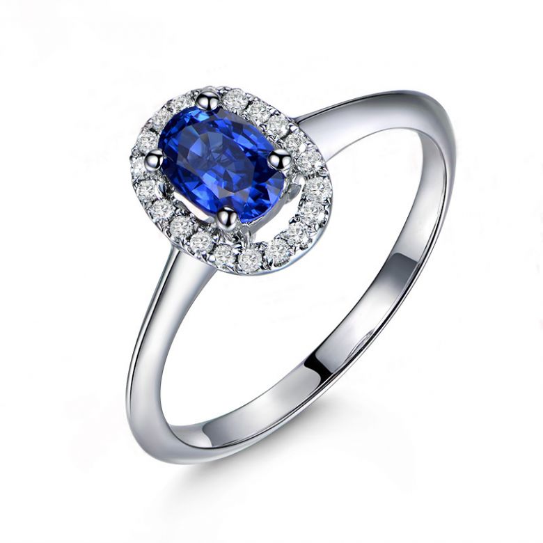 Anello di Fidanzamento Persée - Oro Bianco, Diamanti & Zaffiro Blu Ovale - 1
