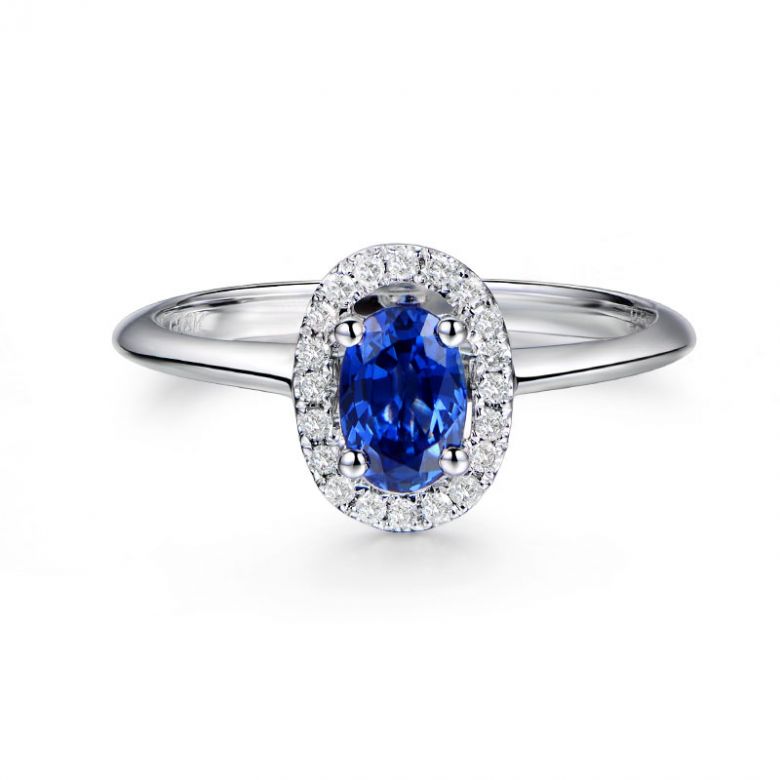 Anello di Fidanzamento Persée - Oro Bianco, Diamanti & Zaffiro Blu Ovale - 3