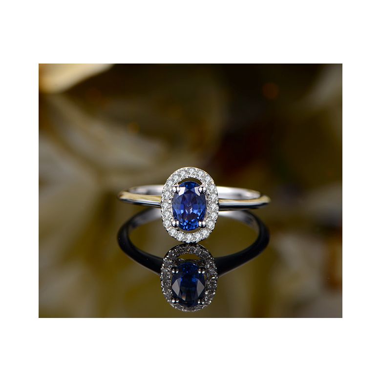 Anello di Fidanzamento Persée - Oro Bianco, Diamanti & Zaffiro Blu Ovale - 7