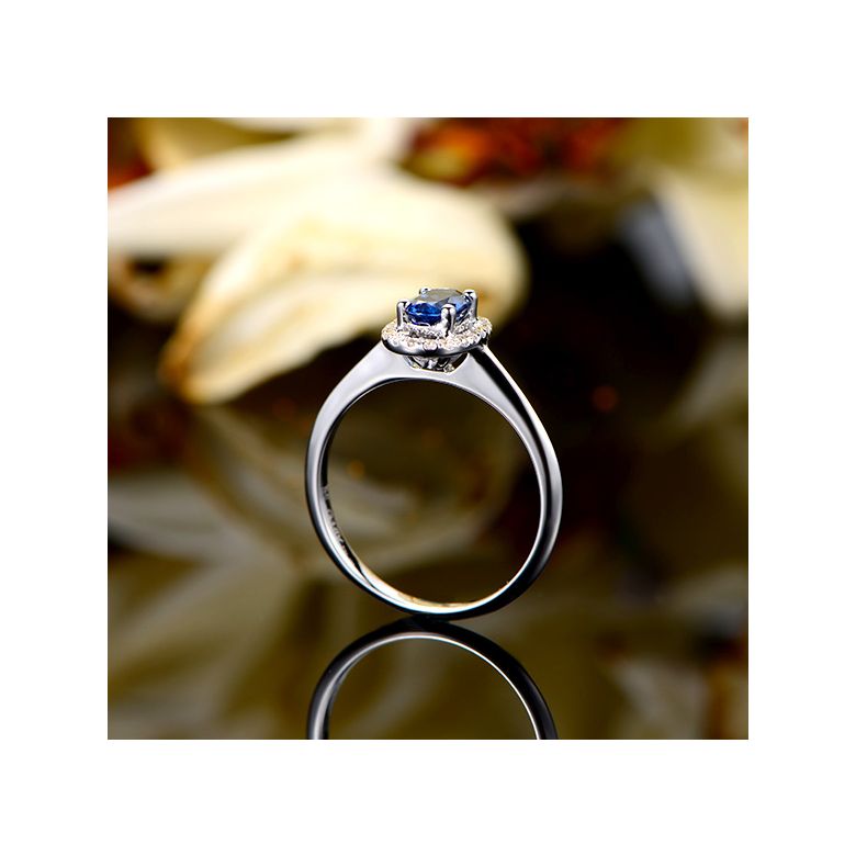 Anello di Fidanzamento Persée - Oro Bianco, Diamanti & Zaffiro Blu Ovale - 10
