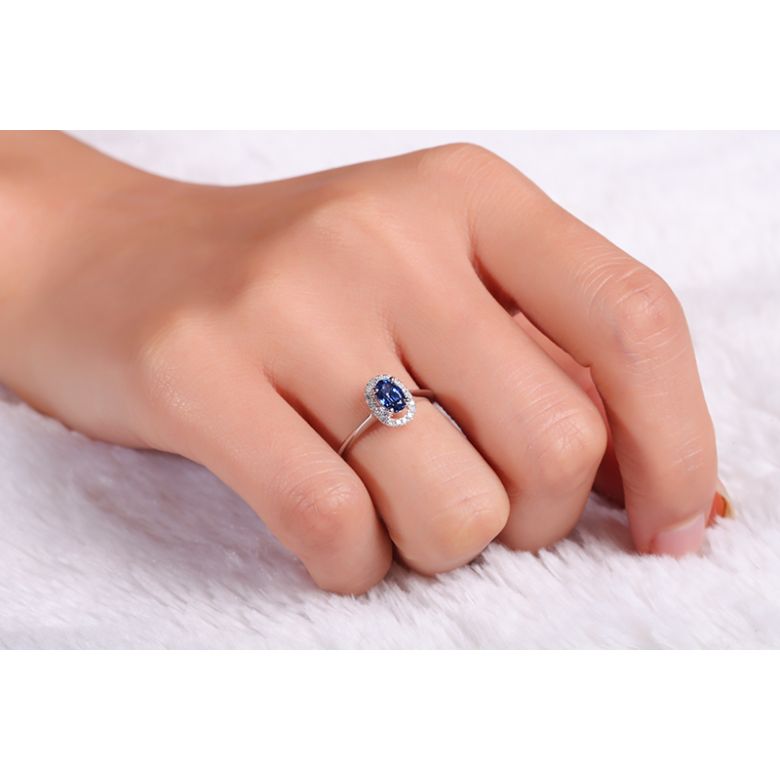 Anello di Fidanzamento Persée - Oro Bianco, Diamanti & Zaffiro Blu Ovale - 2