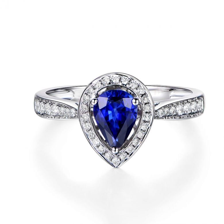 Anello Solitario Composto Jaffna - Oro Bianco, Diamanti & Zaffiro Pera - 5