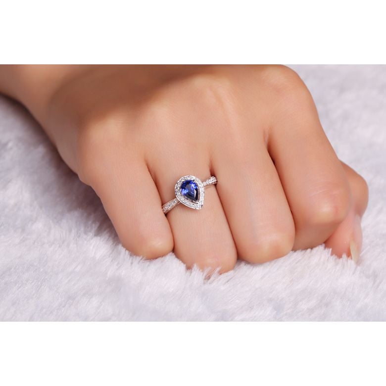 Anello Solitario Composto Jaffna - Oro Bianco, Diamanti & Zaffiro Pera - 2