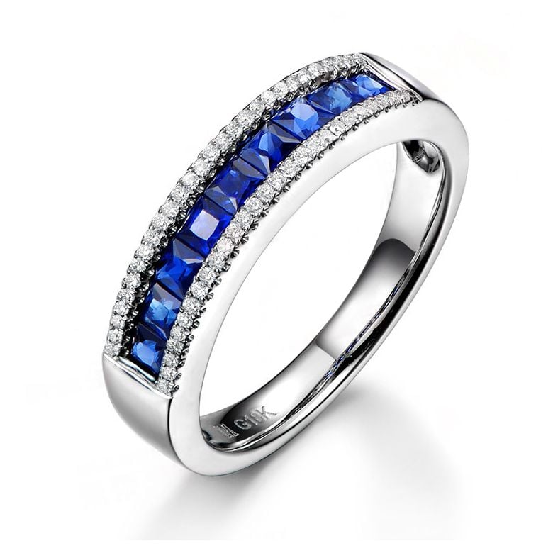 Anello Luce Blu - Oro Bianco, Riviera di Zaffiri Princess a Binario & Diamanti - 1