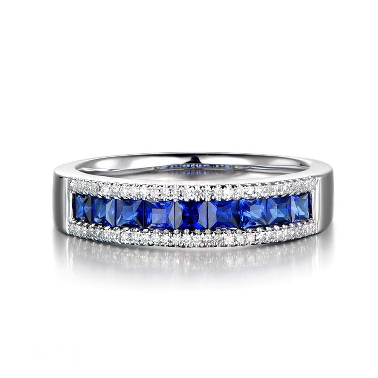 Anello Luce Blu - Oro Bianco, Riviera di Zaffiri Princess a Binario & Diamanti - 3