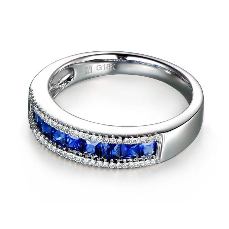 Anello Luce Blu - Oro Bianco, Riviera di Zaffiri Princess a Binario & Diamanti - 4