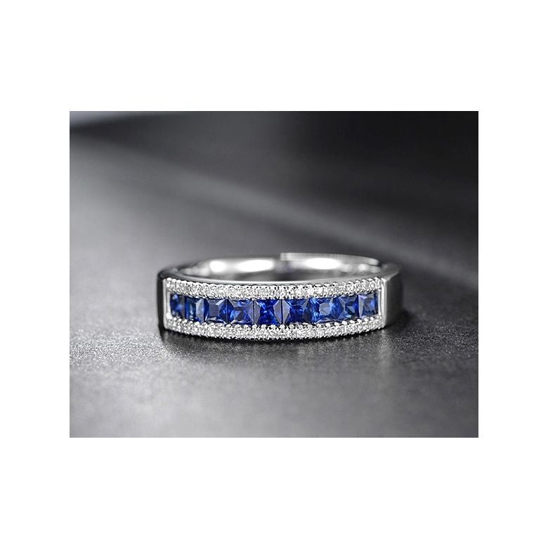 Anello Luce Blu - Oro Bianco, Riviera di Zaffiri Princess a Binario & Diamanti - 6