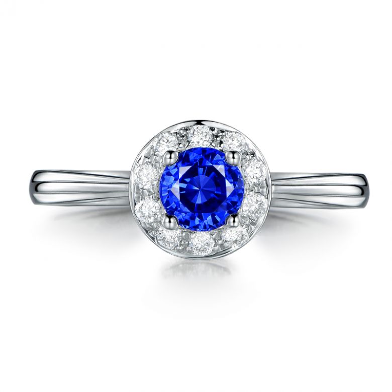 Anello Solitario Composto Kandy - Oro Bianco, Diamanti & Zaffiro Blu - 4
