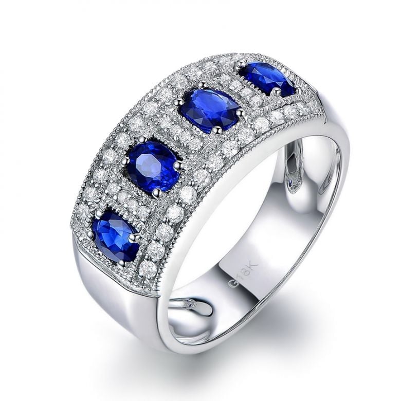 Anello Bhagya - Oro Bianco, Riviera Mezzo Giro di Zaffiri & Diamanti - 1