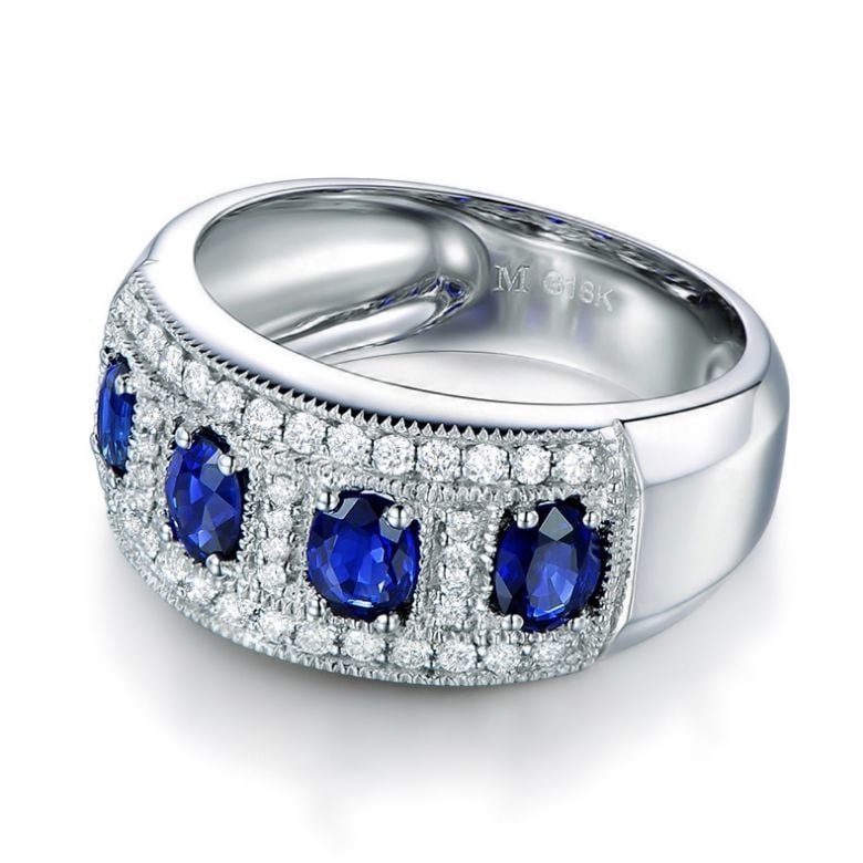 Anello Bhagya - Oro Bianco, Riviera Mezzo Giro di Zaffiri & Diamanti - 6