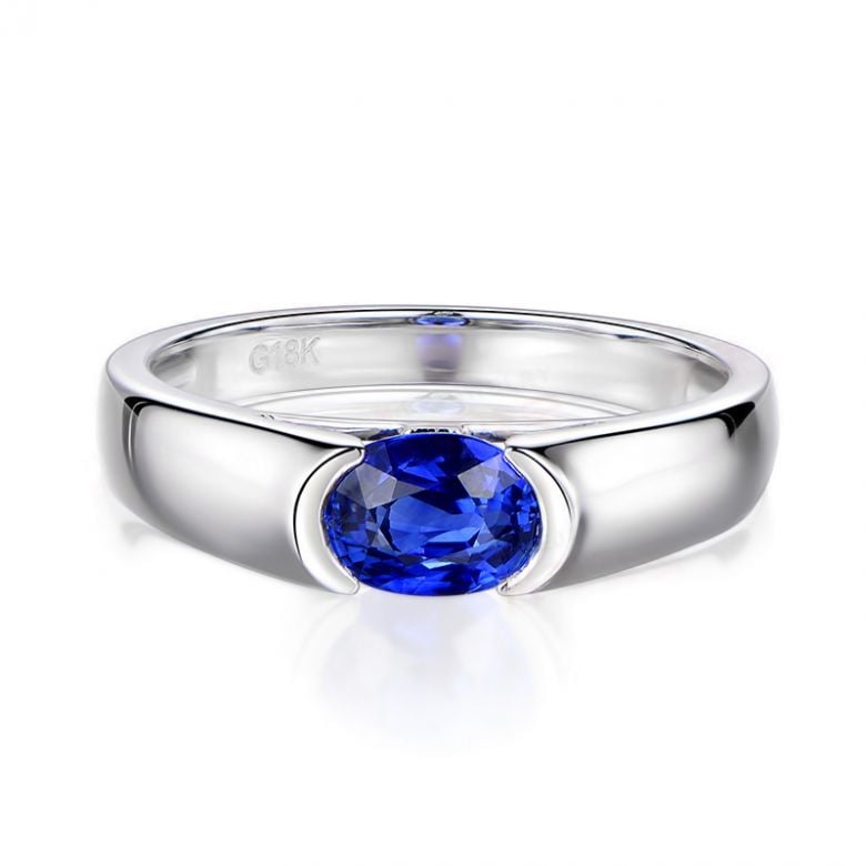 Anello Shitala - Oro Bianco & Zaffiro Ovale Solitario - 3